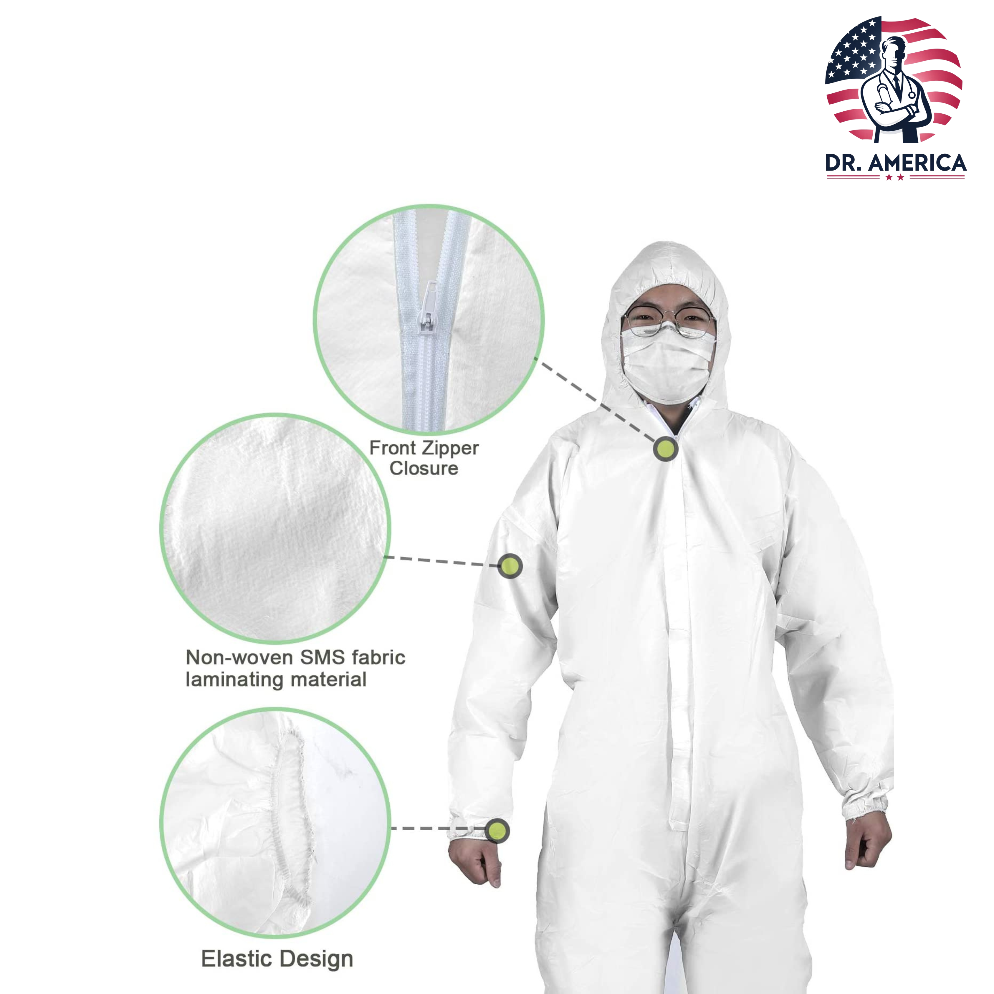 Non Taped Protective Coveralls with Elastic Hood, Full body coverage with 63gsm SMMS Breathable Fabric, ASTM Tested, FDA Approved, Unisex – Dr. America