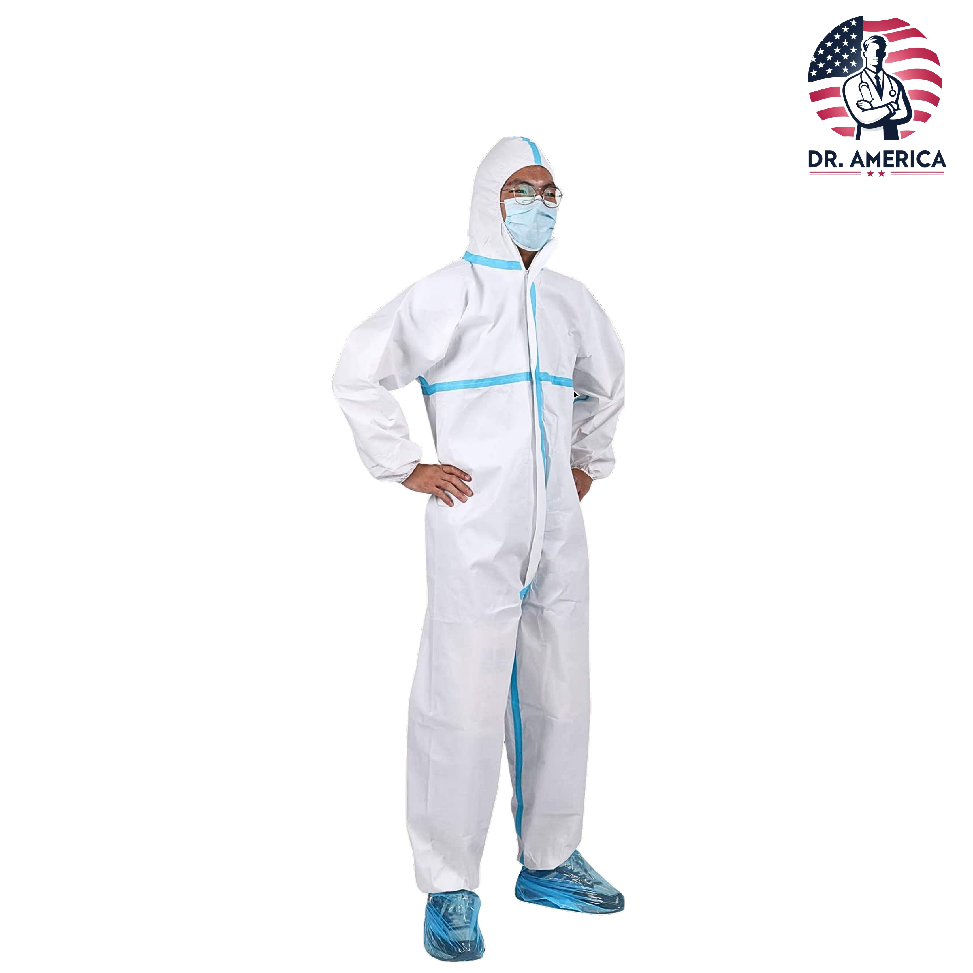 Impervious Coveralls with Hot Seal Taping & Elastic Hood, Full body coverage, made with 80gsm PPSB and PE multi-layer technology to protect against fluid, airborne particle and virus protection, ASTM Tested, FDA Approved, Unisex – Dr. America Healthcare